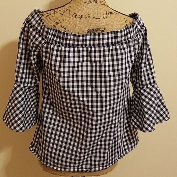 Cupio off shoulder Navy Check top size small - Picture 3 of 4